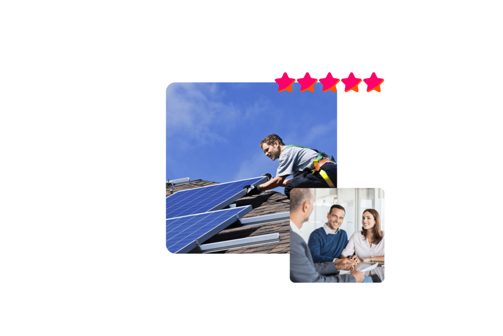 Photo of an installer placing solar panels on a roof and 5 star rating. Image of a couple at home discussing with a surveyor.