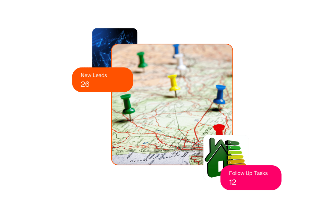 A map of the UK with pins to identify potential areas, pop put boxes showing 26 New Leads and 12 Follow Up tasks. An EPC score chart and data graph representation.