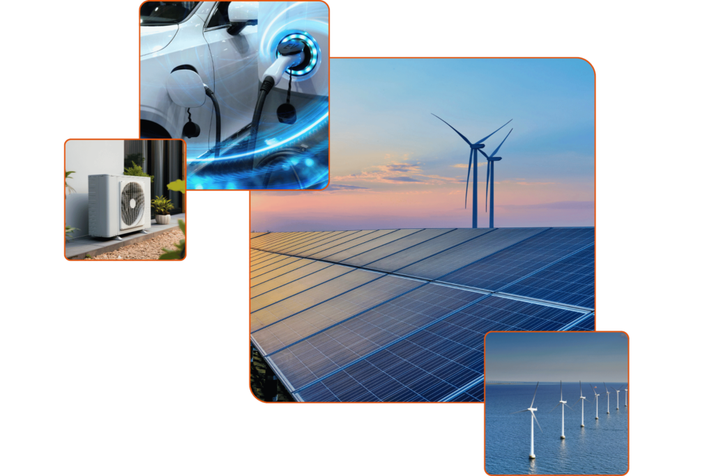 Image of renewable sources of energy and green economy solutions - electric car charger, wind turbines, heat pumps, solar panels.